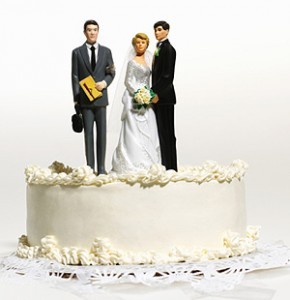 husband and wife cake topper with another man serving papers