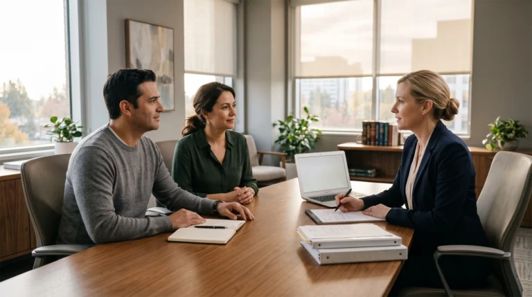 Family law attorney meeting with two parents in a modern office to discuss child support in Illinois.