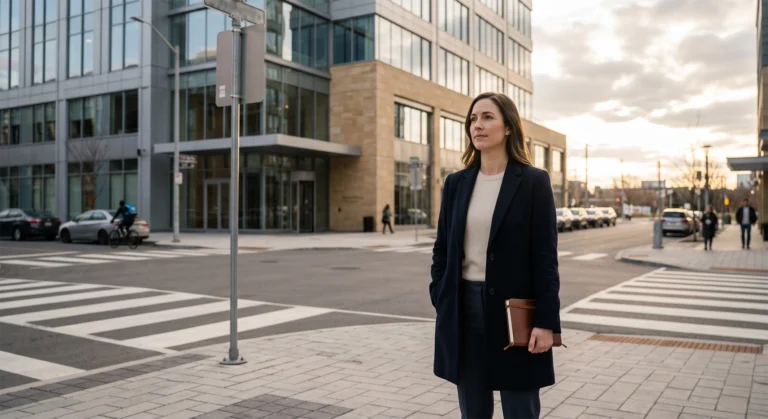 Woman holding a folder at an Illinois city intersection, symbolizing the first steps toward divorce.