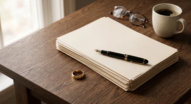 Wedding ring beside a stack of legal documents with a fountain pen on a wooden desk