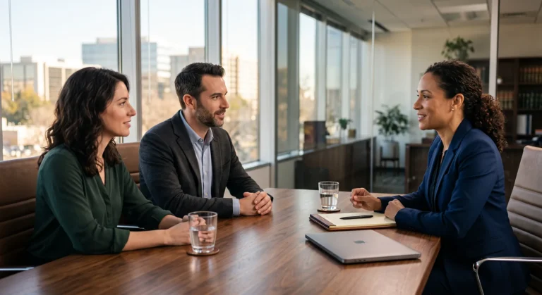 Attorney meeting with a couple across a conference table in a law office