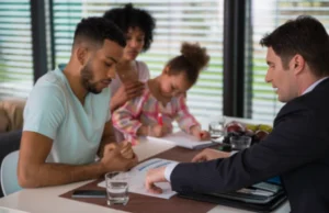 A family in a divorce attorney office reading papers.