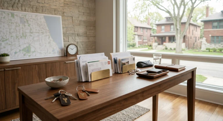 Two sets of house keys and organized mail on a table, representing cohabitation and common law marriage questions in Illinois.