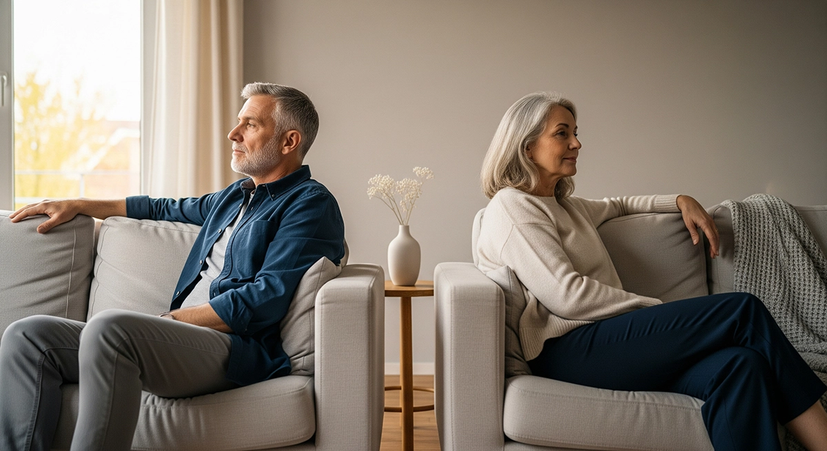 An older couple sits apart on separate couches in a living room, facing away from each other with distant expressions. The man, with gray hair and a beard, looks out a window, while the woman, also with gray hair, gazes in another direction. Their body language suggests emotional distance and disconnection, symbolizing the theme of gray divorce or separation later in life.