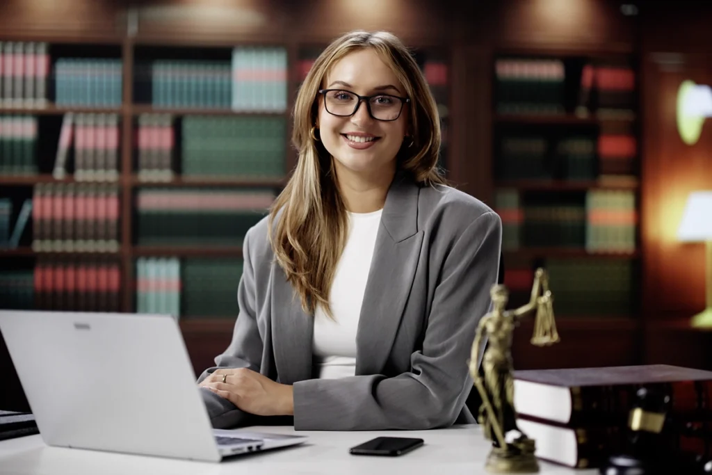 Professional woman wearing glasses and a blazer, smiling while seated at a desk with a laptop in a law office, with bookshelves and a scales of justice statue in the background.