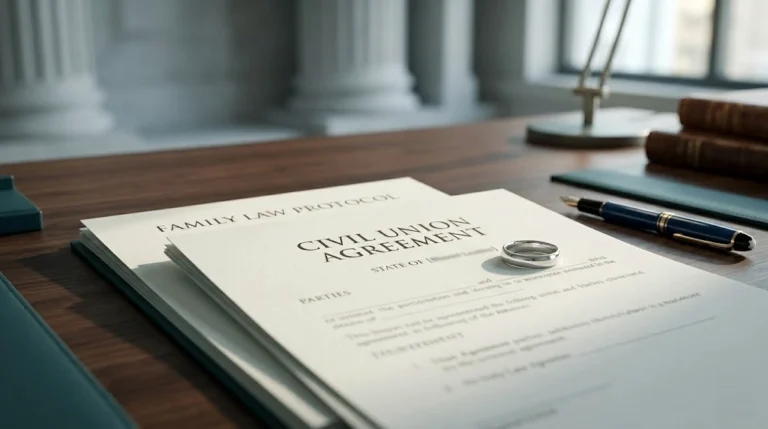 Civil union agreement document with wedding ring and legal paperwork on desk representing family law in Illinois