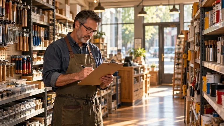Man in a canvas apron writing on a clipboard while reviewing inventory in a hardware store lined with tools and paint cans