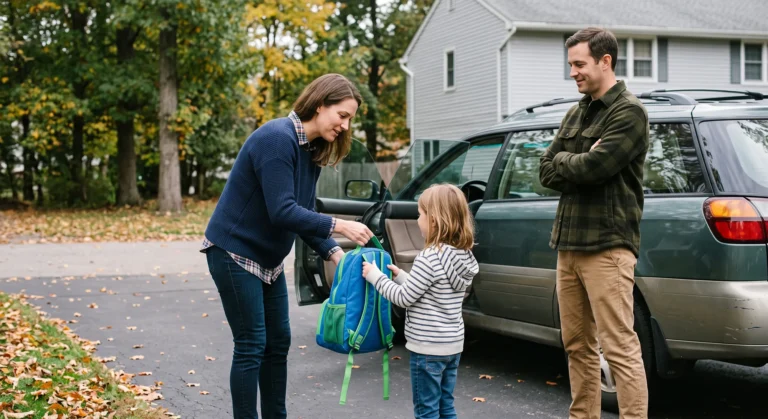Mother handing a blue and green backpack to her young daughter beside an open car door while a father stands nearby in a residential driveway
